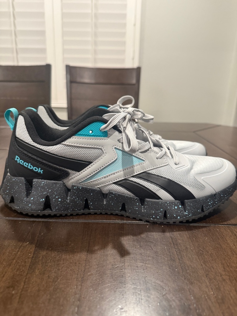 Reebok Men Gray and Teal Trail Sneakers with Speckled Black Sole